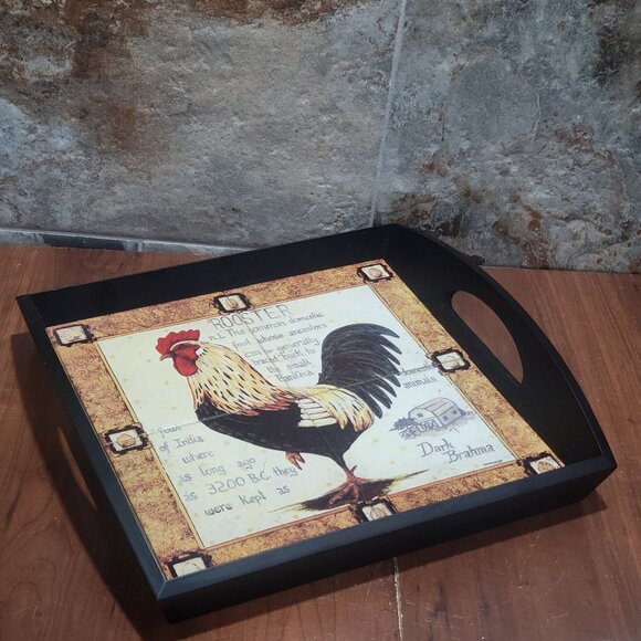 Ceramic Trivet Tile Chicken Rooster Serving Tray Cut Out Handles Wood Base Farmh - Picture 10 of 12